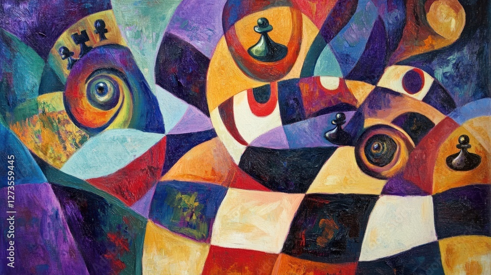 Poster abstract painting of chess pieces on a colorful checkered pattern