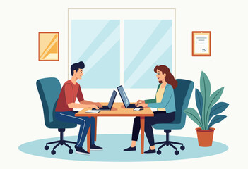 Two people are working on their laptops in an office setting, with a plant and a window in the background. Flat vector illustration