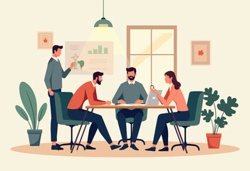 A group of people are working together in a modern office setting, with one person presenting information on a screen and others engaged in discussion around a table. Flat vector illustration