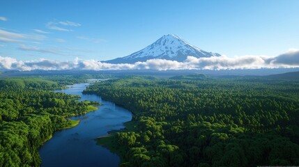 Fototapeta premium Snow capped mountain and jungle river
