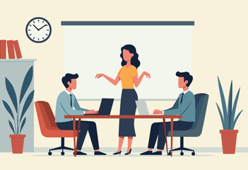 In the image, a woman is standing in front of a group of three men who are sitting at a table, engaged in a discussion or meeting. Flat vector illustration