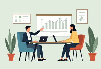 Two people are working together in a meeting, with one person presenting a graph on a projector screen and the other person attentively listening and taking notes. Flat vector illustration