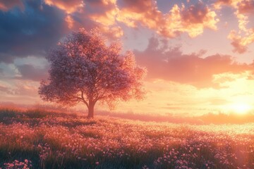 Fototapeta premium Solitary tree in a field of flowers at sunset.