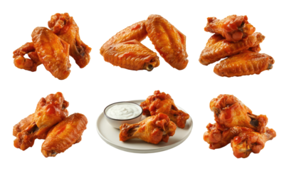 Six servings of buffalo chicken wings, with dipping sauce on plate