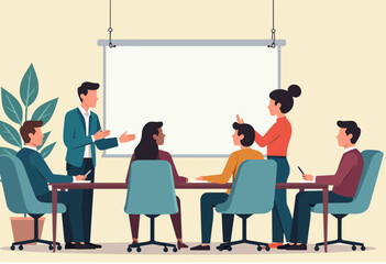 A group of people are gathered around a table in a meeting room, with a presentation board and a plant in the background. Flat vector illustration