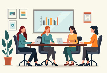 Four women are working together in a meeting room, seated around a conference table with laptops and papers, suggesting a collaborative work environment. Flat vector illustration