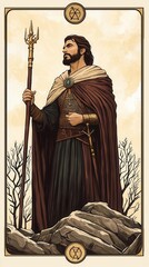 The King of Wands tarot card, a powerful ruler holding a staff, symbolizing vision, leadership, and motivation, strong and confident pose, clear background