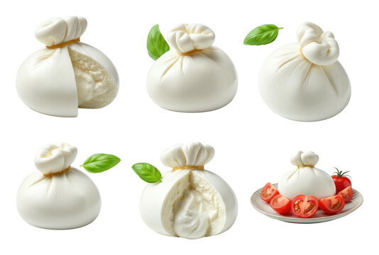 Various images of burrata cheese displayed with basil leaves and tomatoes, showcasing its creamy texture round shape
