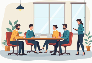 The image depicts a group of people working together in an office setting, with some sitting at a table using laptops and others standing nearby. Flat vector illustration