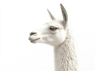 Obraz premium White llama with a long horn on its head. The llama is looking straight ahead