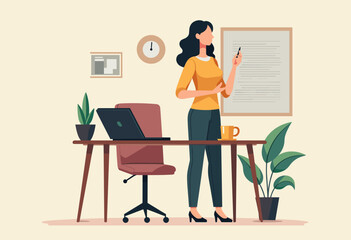 A woman stands in front of a whiteboard, holding a marker and preparing to write or present information. Flat vector illustration © Office Stock Pro