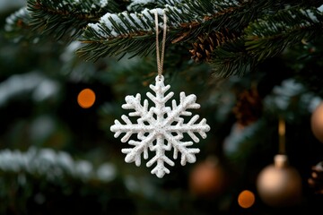 Snowflake ornament hangs on pine tree branch with lights. Christmas decoration
