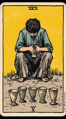 Fototapeta premium The Nine of Cups tarot card, a satisfied figure sitting with nine cups, symbolizing emotional fulfillment, wishes coming true, and contentment, warm and inviting