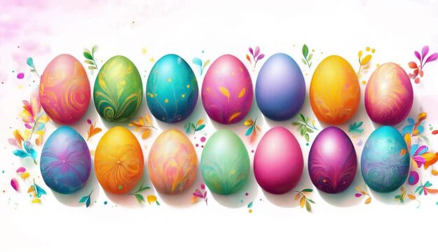 Video invitaion for Easter with beautifully arranged decorated eggs on white background