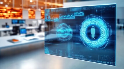 Innovative technology showcase modern office digital display corporate environment futuristic perspective data visualization concepts