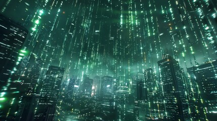 Obraz premium Cyber cityscape illuminated by green data streams at night showcasing advanced artificial intelligence technology