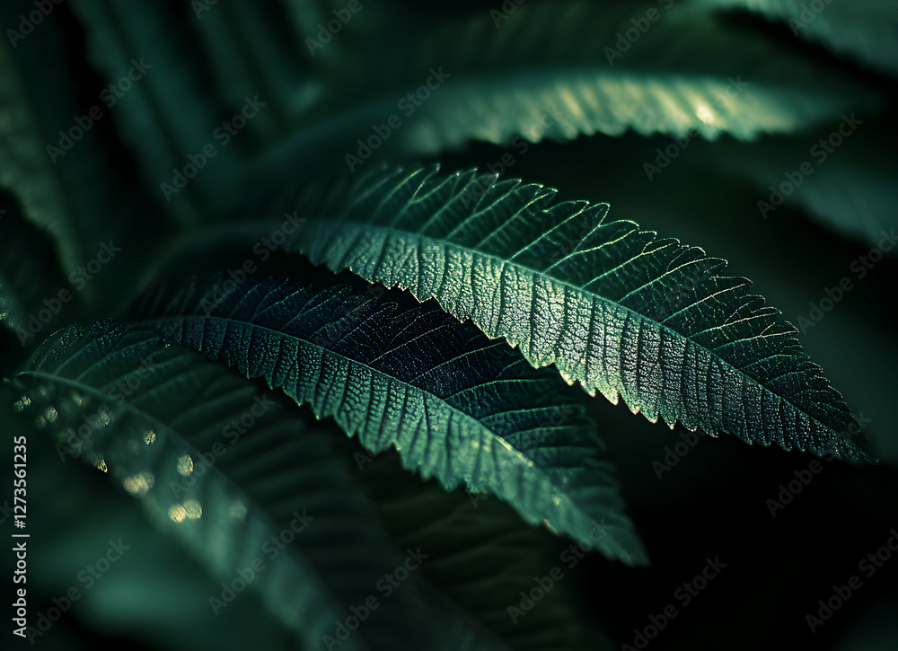 Poster close up dark green leaves displaying intricate veins and rich textures, revealing natural organic p