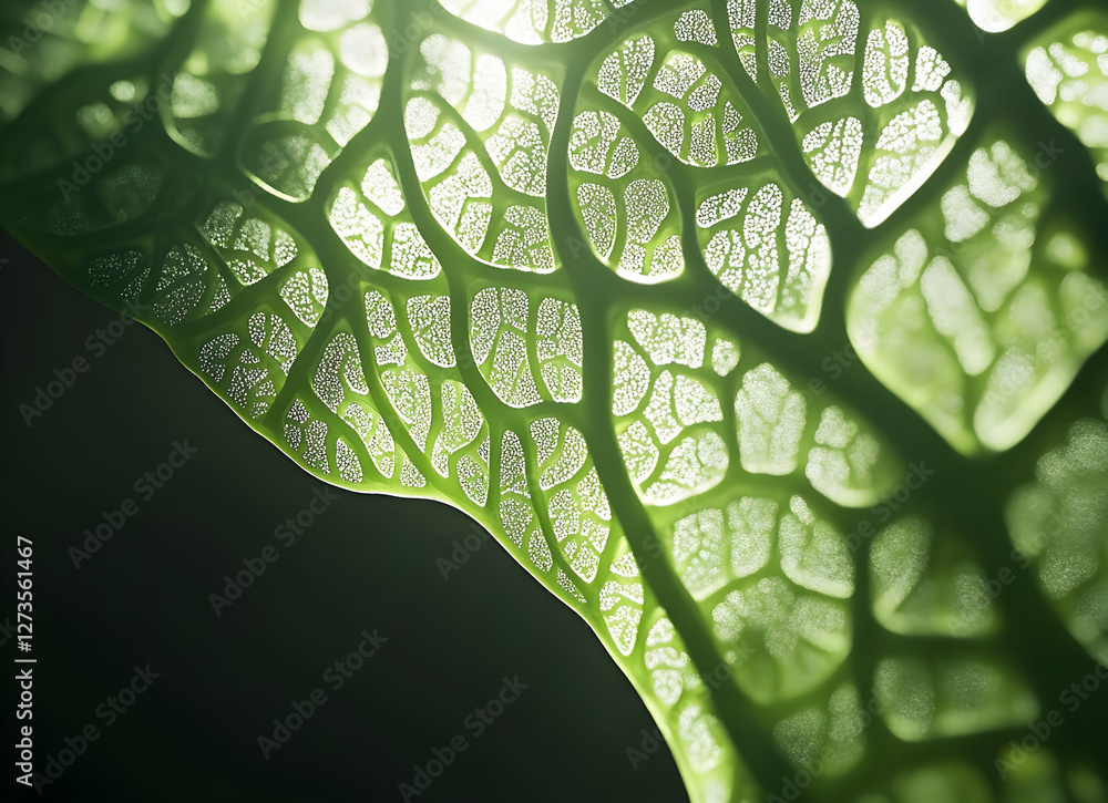 Poster bright sunlight streaming through verdant leaf, highlighting intricate venation and translucent cell