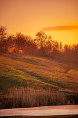 Beautiful sunrise on the pond , pond near the village .Red and orange sunrise in the sky , trees and houses , landscape on the lake with sunrise , reflactions on water 