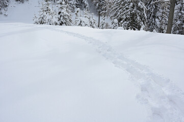 Snow covered winter road with shoe footprints and traces in a silent and quiet lonely winter landscape in the popular Kaiserau, Admont, Austria