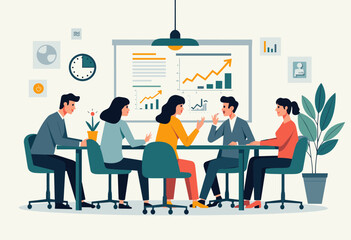 A group of people are gathered around a table, engaged in a discussion or meeting, with a presentation board displaying graphs and charts in the background. Flat vector illustration