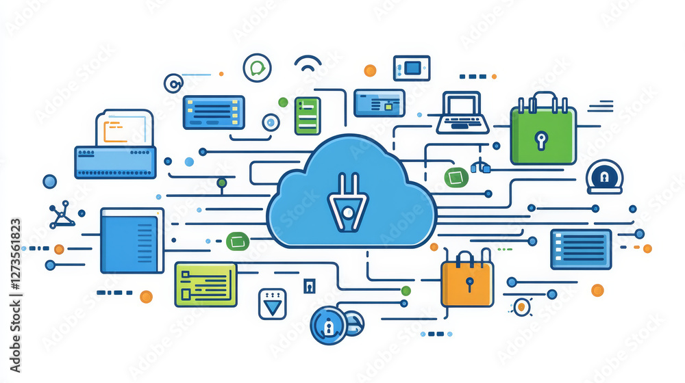 Poster thin lines connection icon outline of big data center group cloud computing system internet protecti
