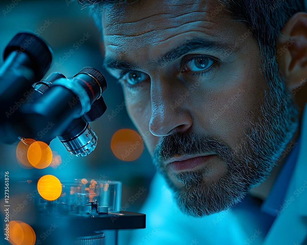 Poster focused scientist closely examining glowing microscope in laboratory setting