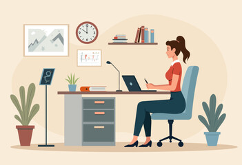 A woman is sitting at a desk, working on a laptop computer. Flat vector illustration