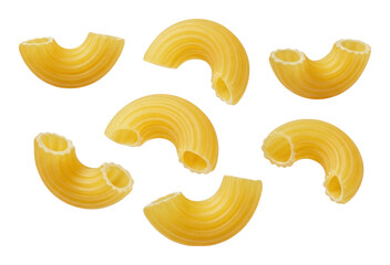 Close-up of individual pieces dry elbow macaroni pasta isolated on transparent background