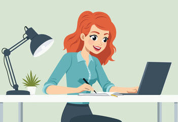 A woman with red hair is sitting at a desk, working on a laptop and writing in a notebook, with a potted plant and lamp nearby. Flat vector illustration