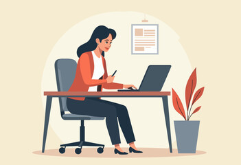 A woman is working on a laptop at her desk, surrounded by a potted plant and a framed document on the wall. Flat vector illustration