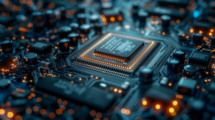 Obraz premium Artificial intelligence technology showcased on a detailed circuit board in a modern cyber environment