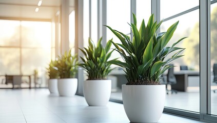 Modern office hallway plants near large windows