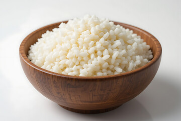 White Rice in a Wooden Bowl on a White Background