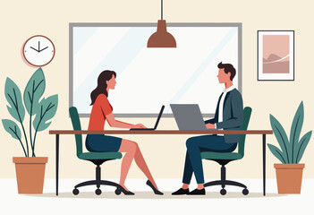 Two people are working on laptops in an office setting, with a clock on the wall and potted plants nearby. Flat vector illustration
