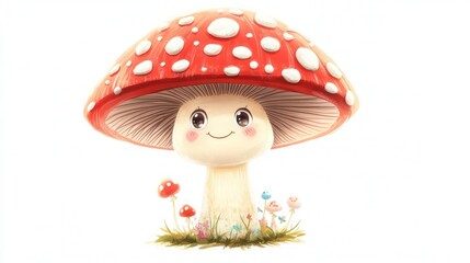 Cute ceramic toadstool figurine with a smiling face is isolated on a clean white background for graphic design.
