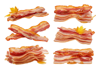 Crispy bacon strips topped with maple leaves and drizzled syrup