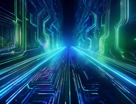 A vibrant digital design features flowing streams of green light, creating a virtual environment ideal for online events.