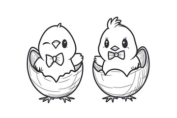 Tiny chick popping out of an eggshell, wearing a bowtie. Cute Cartoon Character Design and Computer Game. Coloring Book Outline Set.