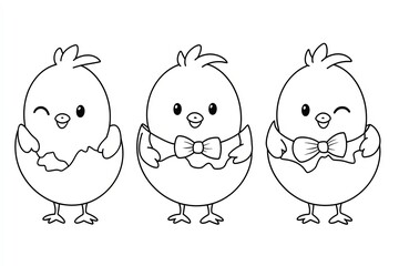 Tiny chick popping out of an eggshell, wearing a bowtie. Cute Cartoon Character Design and Computer Game. Coloring Book Outline Set.
