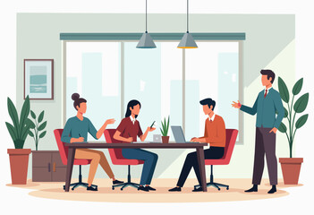 In the image, a group of four people are gathered around a table in an office setting, engaged in a discussion or working on a project. Flat vector illustration