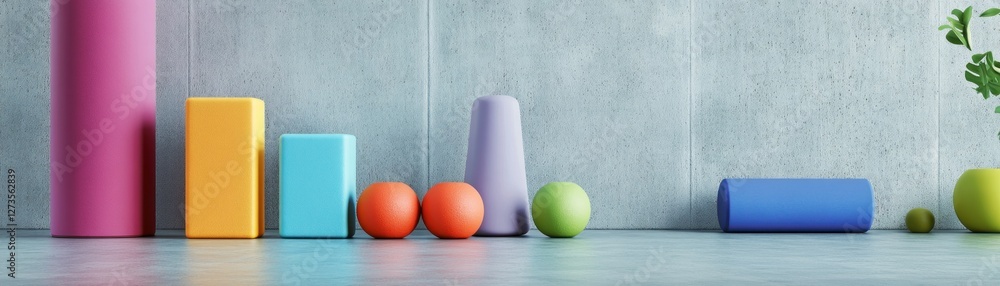 Poster geometric shapes in vibrant colors are arranged on a gray surface