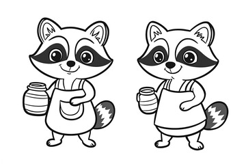 Fototapeta premium Raccoon holding a jar of honey, wearing a small apron. Cute Cartoon Character Design and Computer Game. Coloring Book Outline Set.