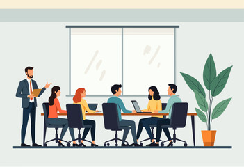 The image depicts a group of people sitting around a table in a meeting room, with a man standing at the front presenting to the group. Flat vector illustration