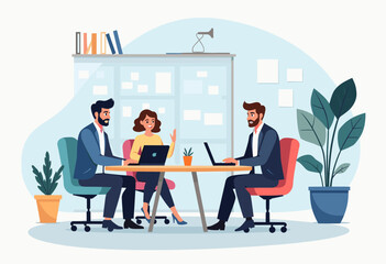Three people are working together in an office setting, with two men seated at a table and a woman sitting at another table. Flat vector illustration