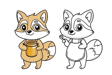 Obraz premium Raccoon holding a jar of honey, wearing a small apron. Cute Cartoon Character Design and Computer Game. Coloring Book Outline Set.