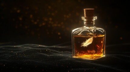 A decorative clear glass bottle with a cork stopper, filled with amber-colored liquid and a small decorative feather floating inside. 