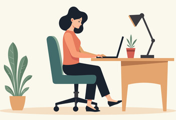 A woman is sitting at a desk, working on a laptop computer with a lamp on the desk. Flat vector illustration