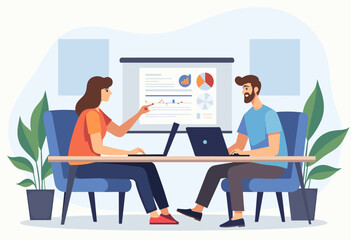 Two people are working on laptops in a meeting room, with a presentation board displaying charts and graphs in the background. Flat vector illustration