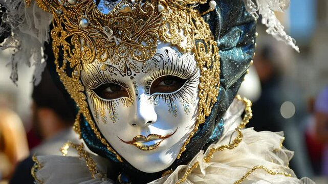 Masquerade reveler in stunning golden mask during vibrant festival celebration in a lively city square